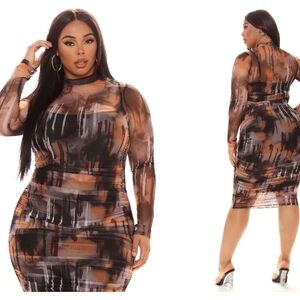 Brown and Black Bodycon Long Sleeve Dress for Night Out